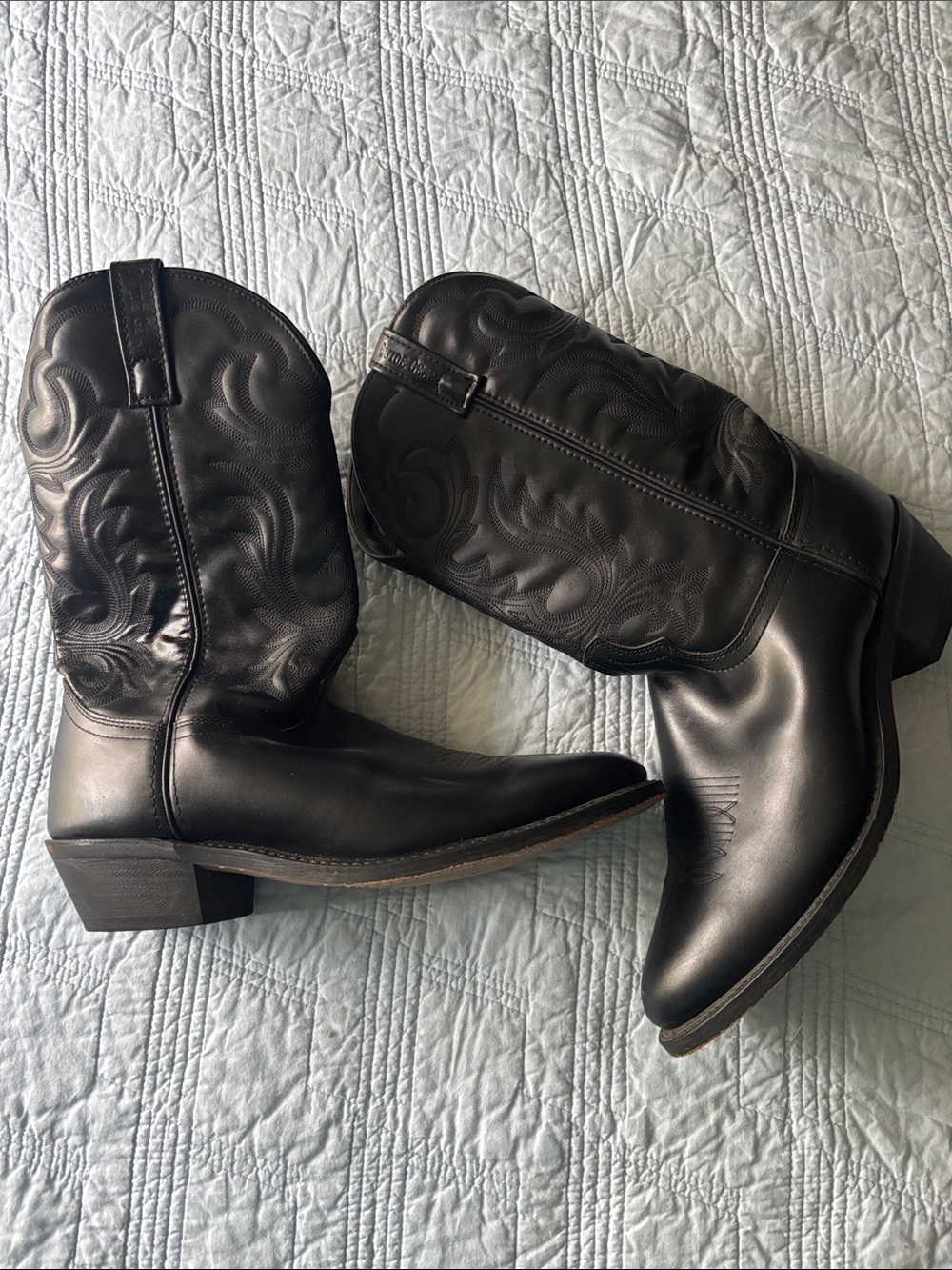 Men's Black Leather Western Cowboy Boots - Classic Embossed Shaft